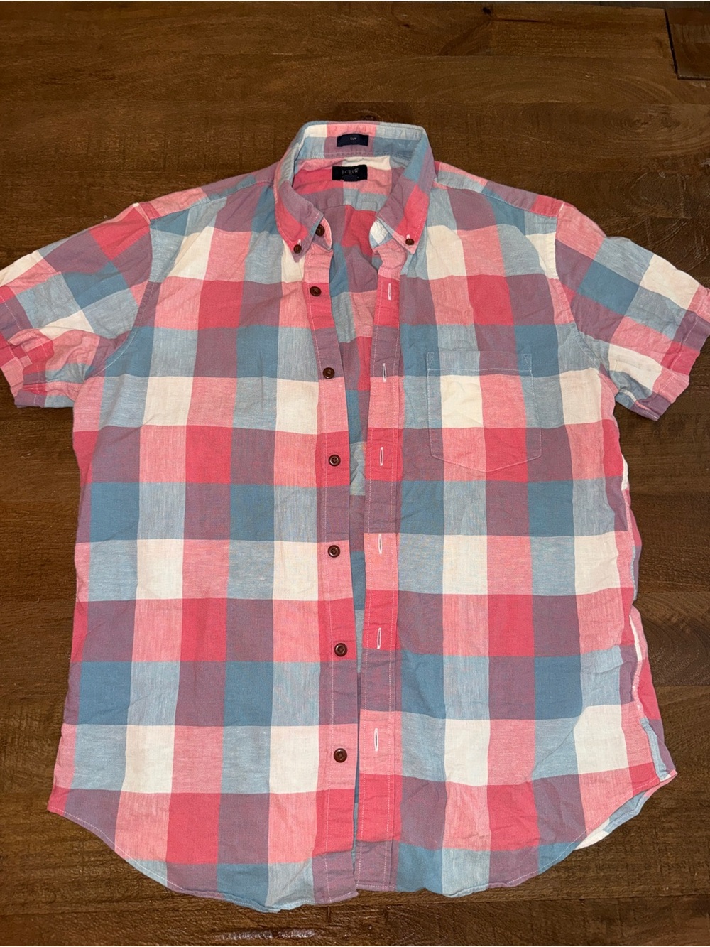 J. Crew Men's Red, Blue & White Plaid Short-Sleeve Button-Down Shirt